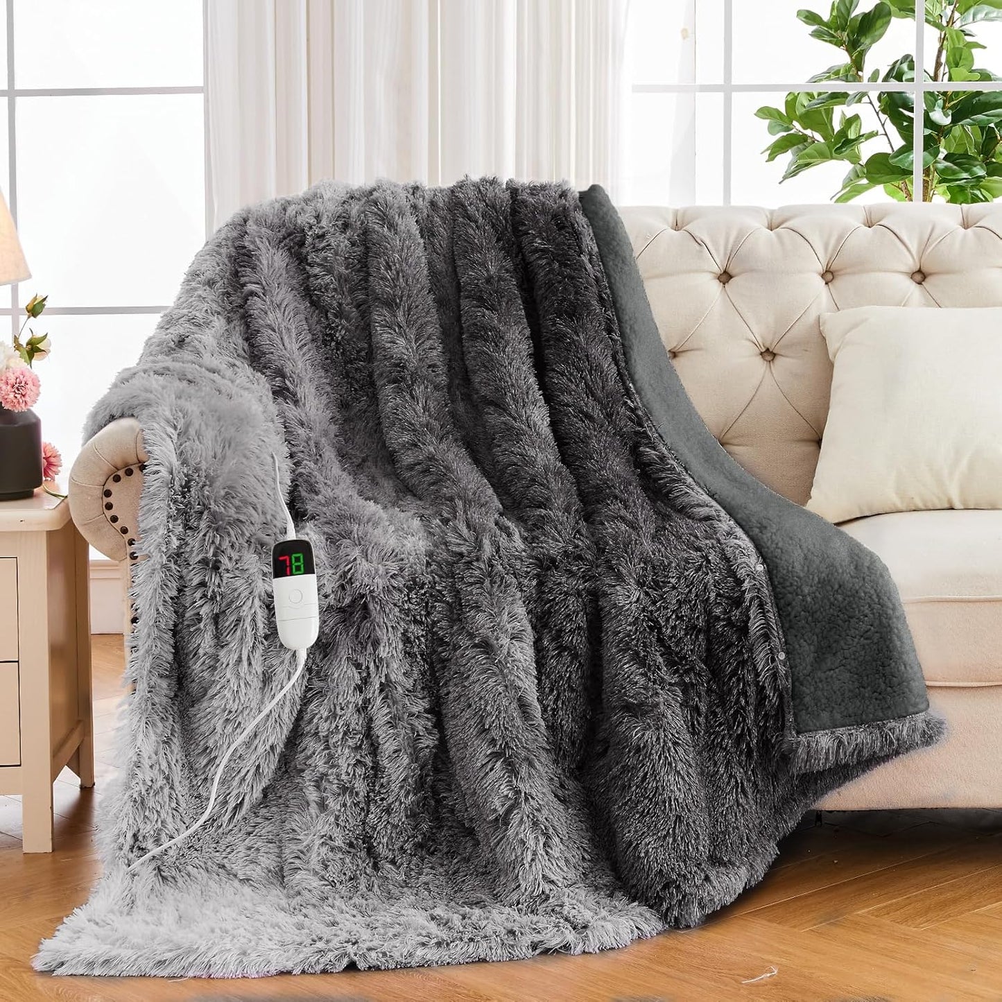 Heated Electric Blanket Faux Fur Throw Size with Fluffy Sherpa Back, Warming Plush Blanket Gift Soft Heating Blankets with 10 Heat Settings, 5 Time Settings, ETL 50"X60",Charcoal Grey